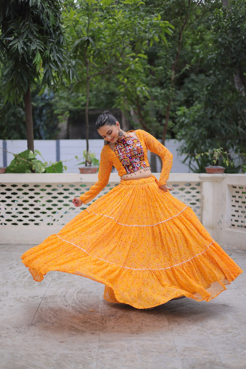 Musterd Bandhej Print With Gotta Patti Lace Work Navratri Lehenga Choli