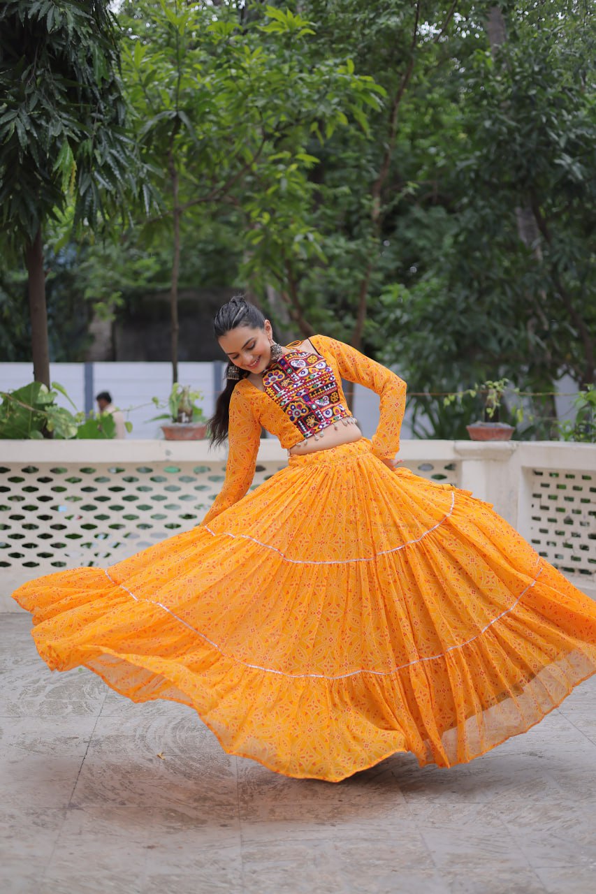 Musterd Bandhej Print With Gotta Patti Lace Work Navratri Lehenga Choli