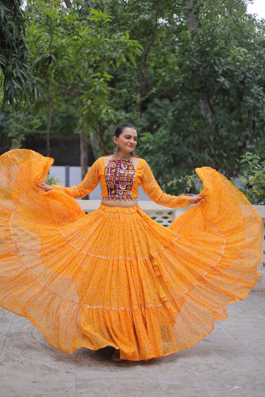 Musterd Bandhej Print With Gotta Patti Lace Work Navratri Lehenga Choli