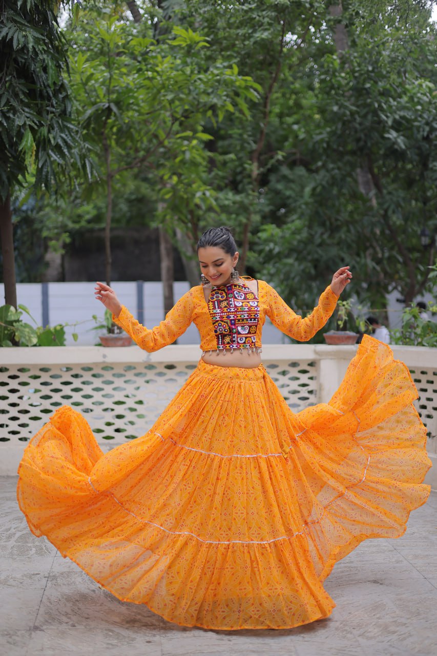 Musterd Bandhej Print With Gotta Patti Lace Work Navratri Lehenga Choli