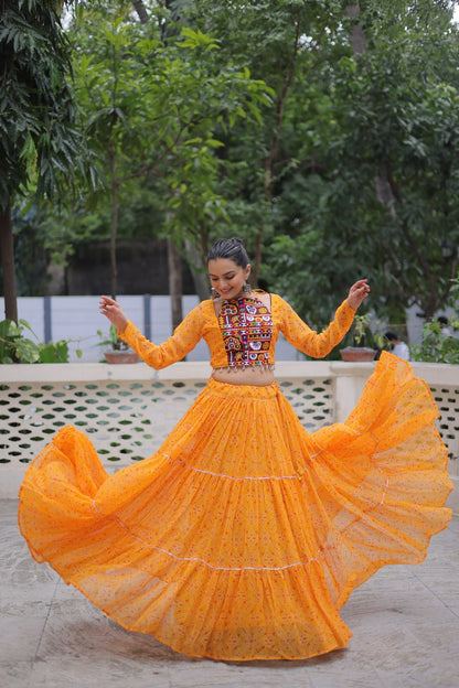 Musterd Bandhej Print With Gotta Patti Lace Work Navratri Lehenga Choli