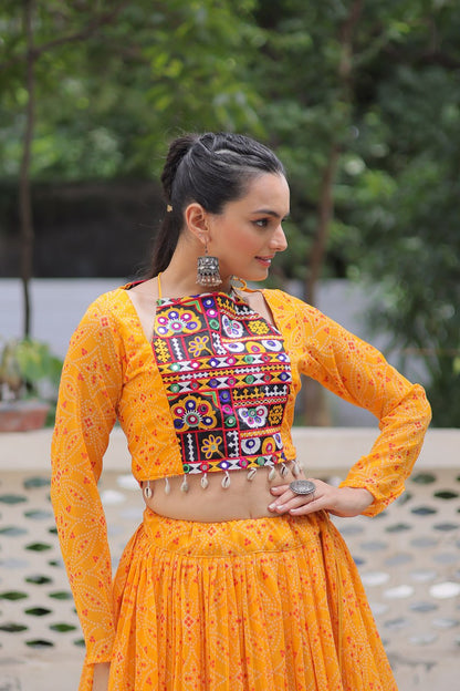 Musterd Bandhej Print With Gotta Patti Lace Work Navratri Lehenga Choli