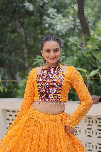 Musterd Bandhej Print With Gotta Patti Lace Work Navratri Lehenga Choli