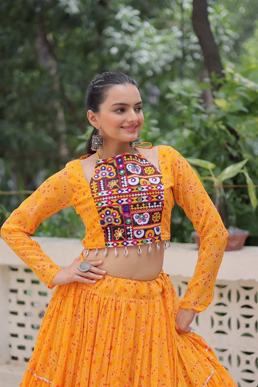 Musterd Bandhej Print With Gotta Patti Lace Work Navratri Lehenga Choli