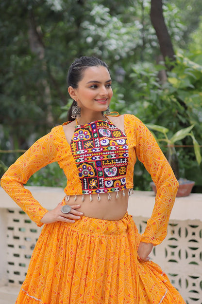 Musterd Bandhej Print With Gotta Patti Lace Work Navratri Lehenga Choli