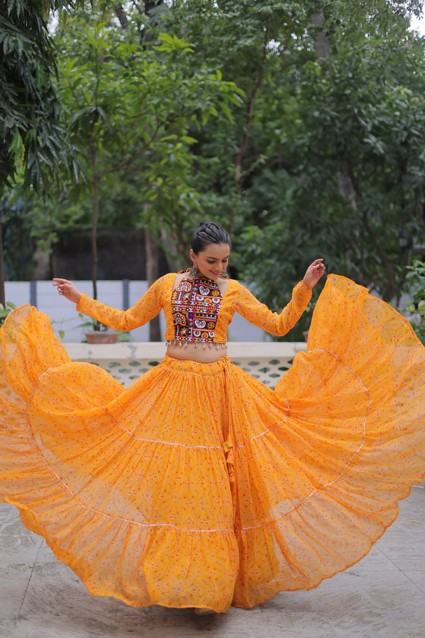 Musterd Bandhej Print With Gotta Patti Lace Work Navratri Lehenga Choli