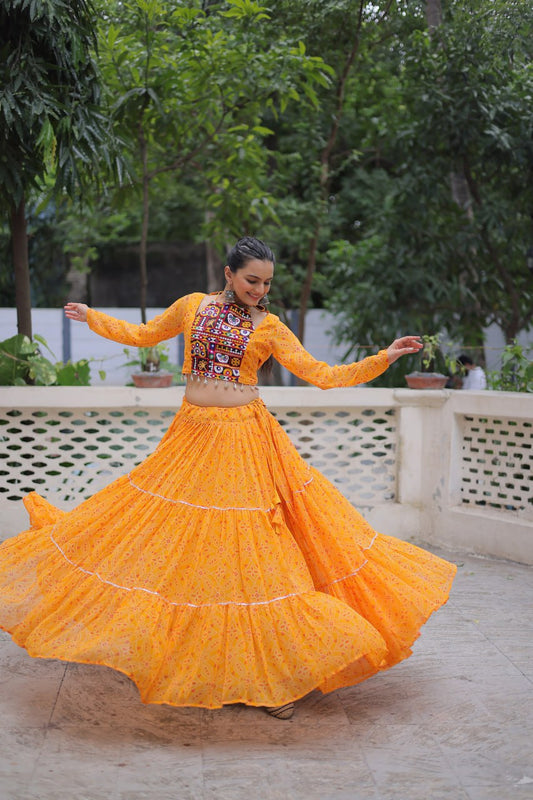 Musterd Bandhej Print With Gotta Patti Lace Work Navratri Lehenga Choli