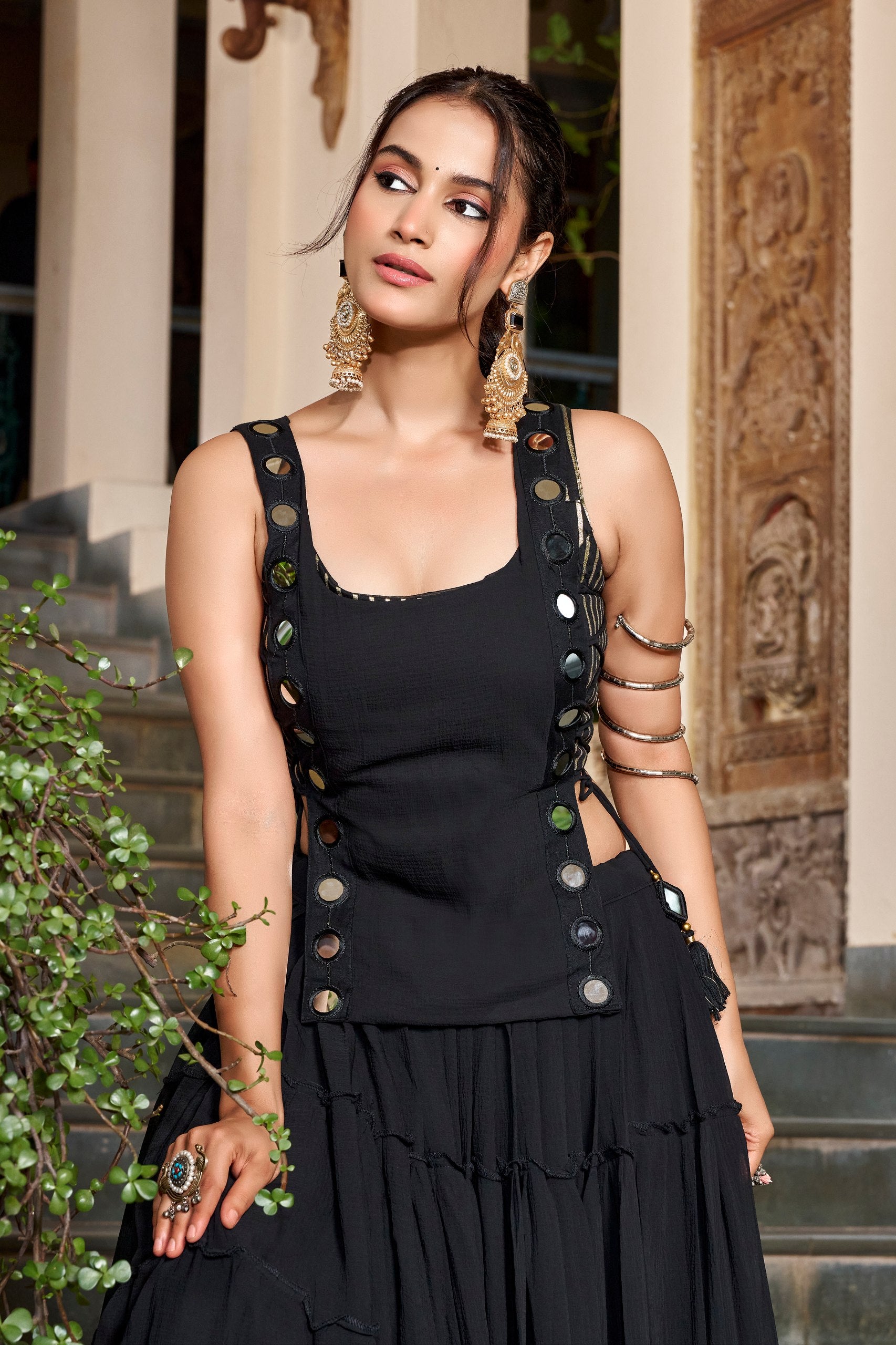 Black Lightweight Georgette Tiered Navratri Lehenga Choli Set With Mirror Accent Top