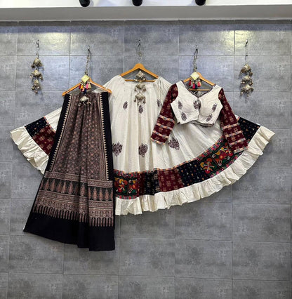 White Digital Print Real Mirror Work Navratri Lehenga Choli