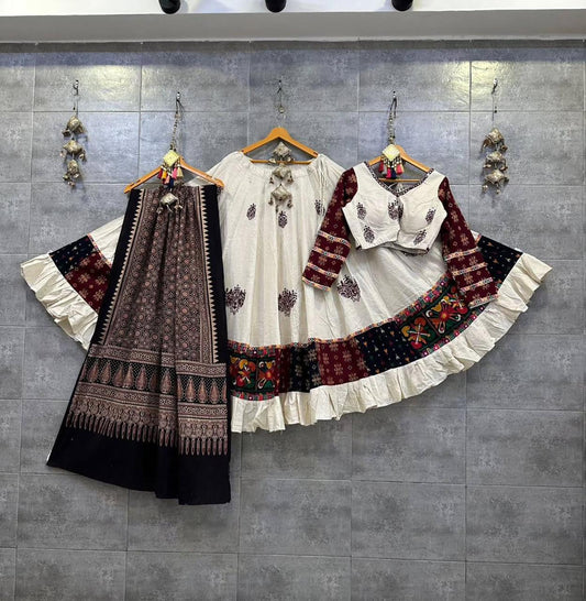 White Digital Print Real Mirror Work Navratri Lehenga Choli