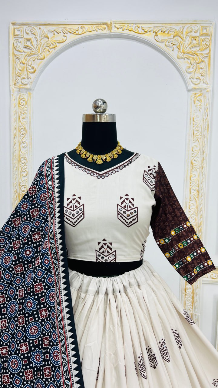 White Digital Print Real Mirror Work Navratri Lehenga Choli
