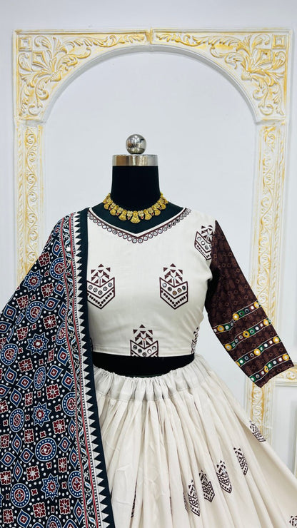 White Digital Print Real Mirror Work Navratri Lehenga Choli