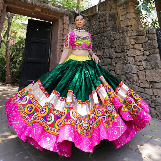 Pink Green Digital Print Real Mirror Work Navratri Lehenga Choli