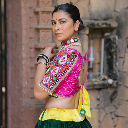 Pink Green Digital Print Real Mirror Work Navratri Lehenga Choli