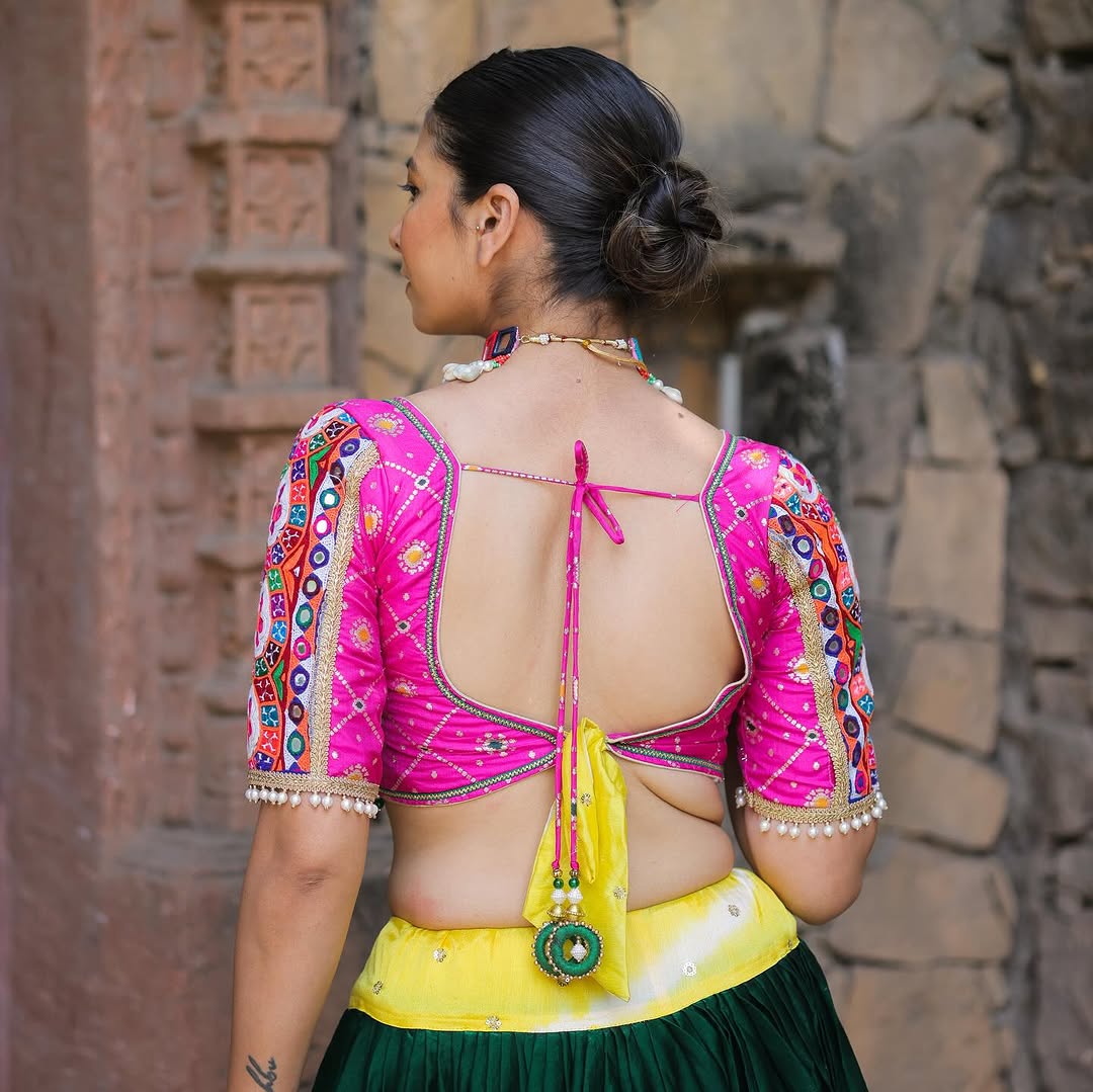 Pink Green Digital Print Real Mirror Work Navratri Lehenga Choli