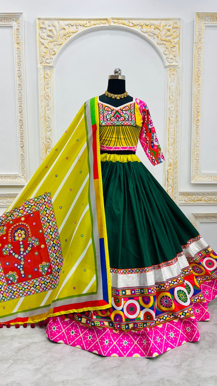 Pink Green Digital Print Real Mirror Work Navratri Lehenga Choli