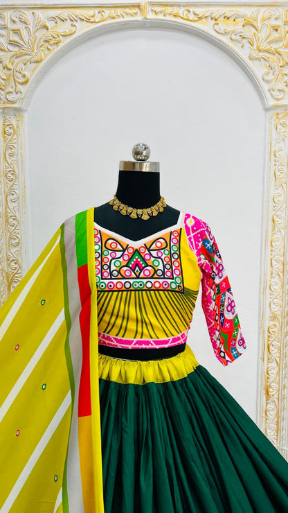 Pink Green Digital Print Real Mirror Work Navratri Lehenga Choli