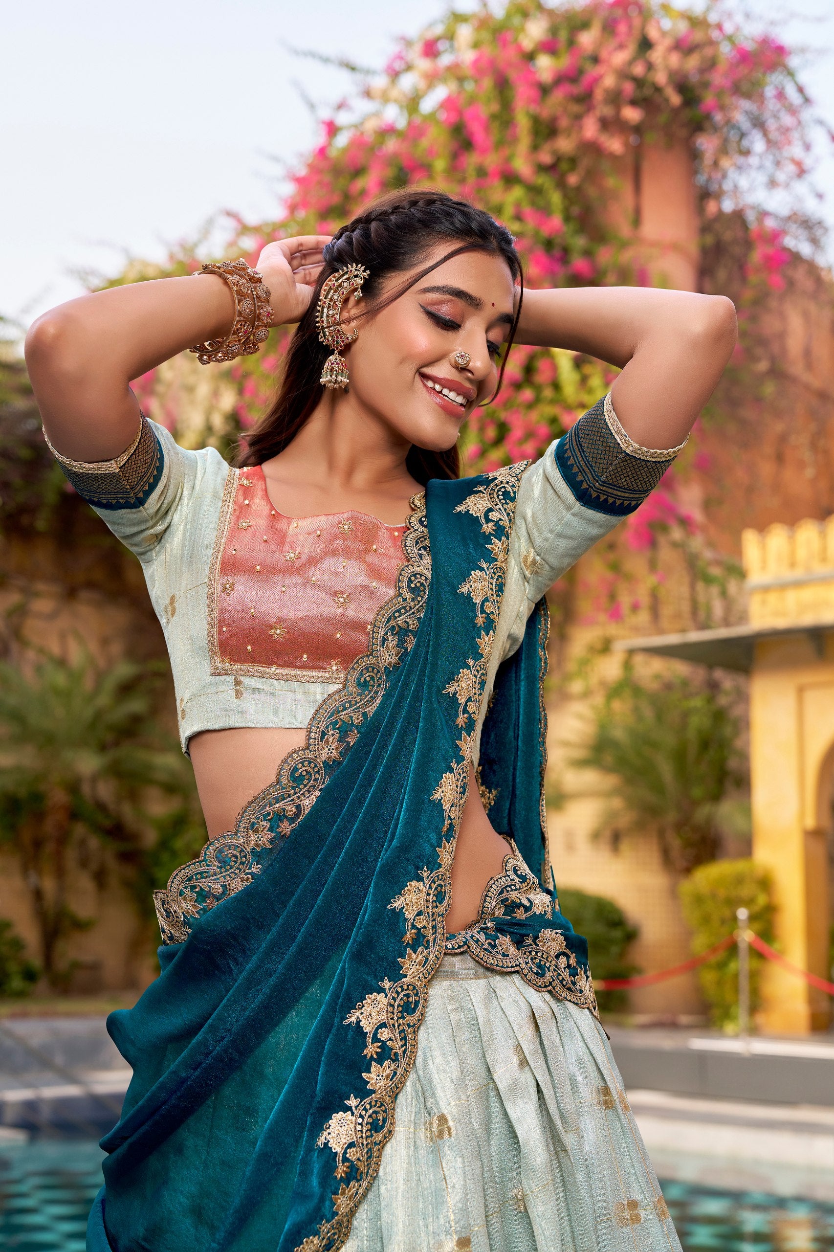 Teal embroidered dupatta lehenga choli for wedding

