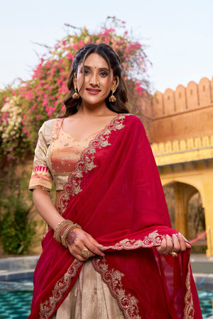 Beige lehenga with Paithani border front view
