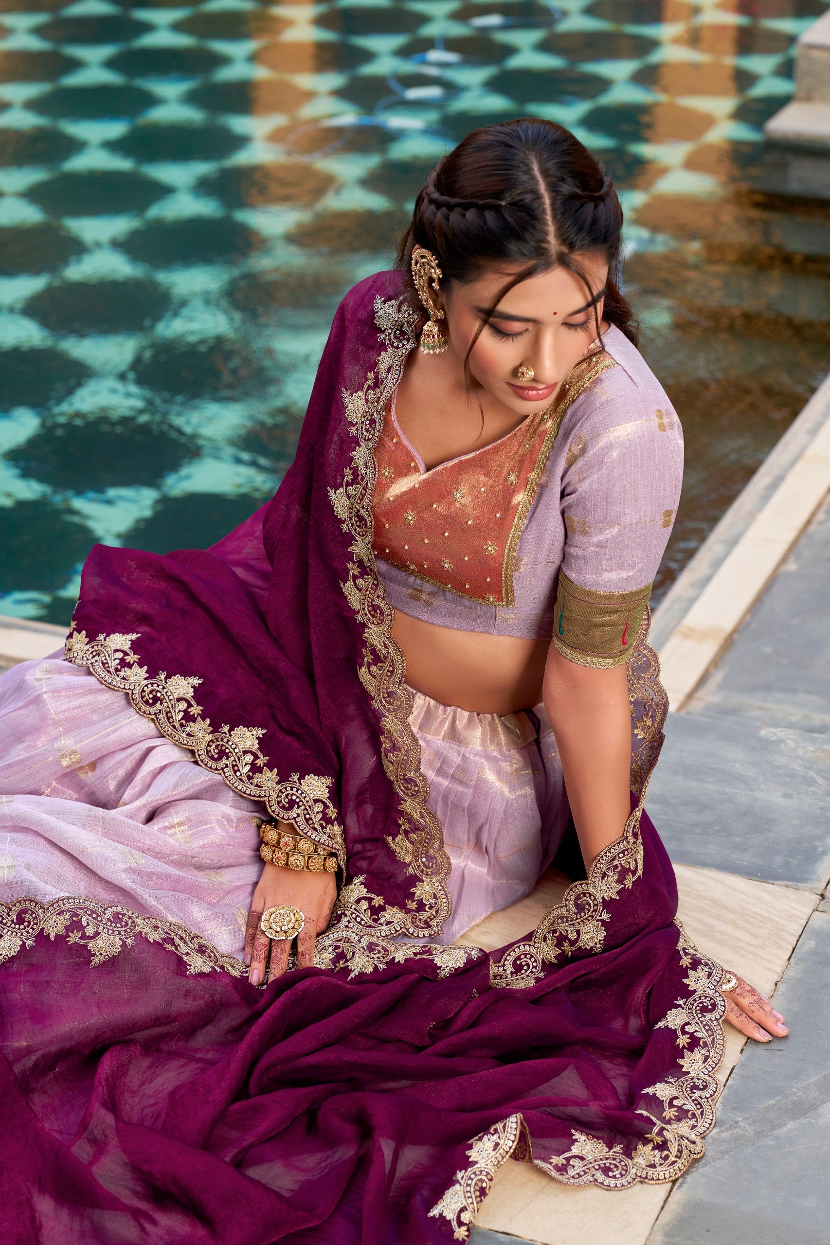 Wine dupatta with embroidered scalloped border lehenga
