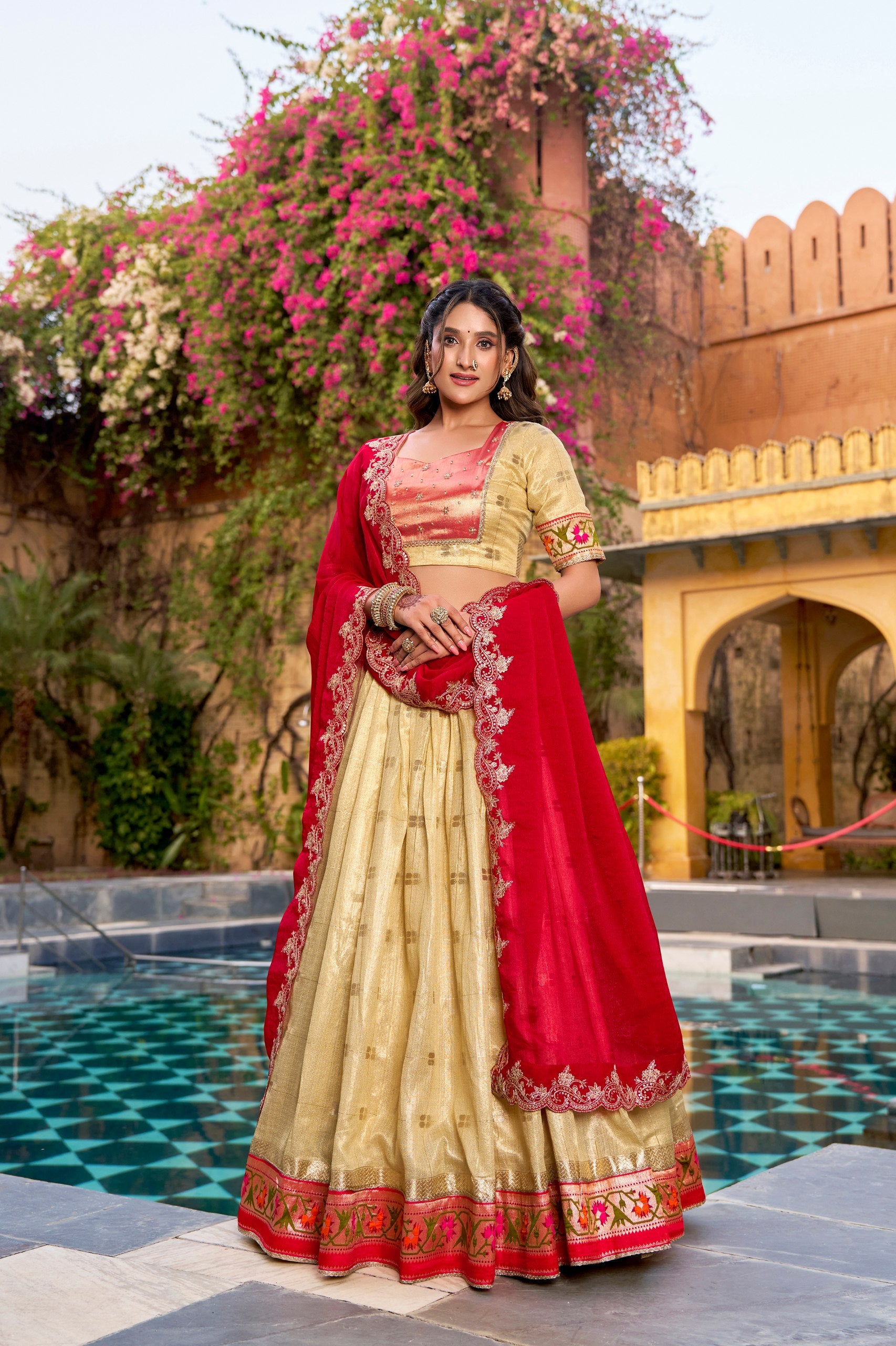 Cream slub Kota lehenga choli with gold zari weaving
