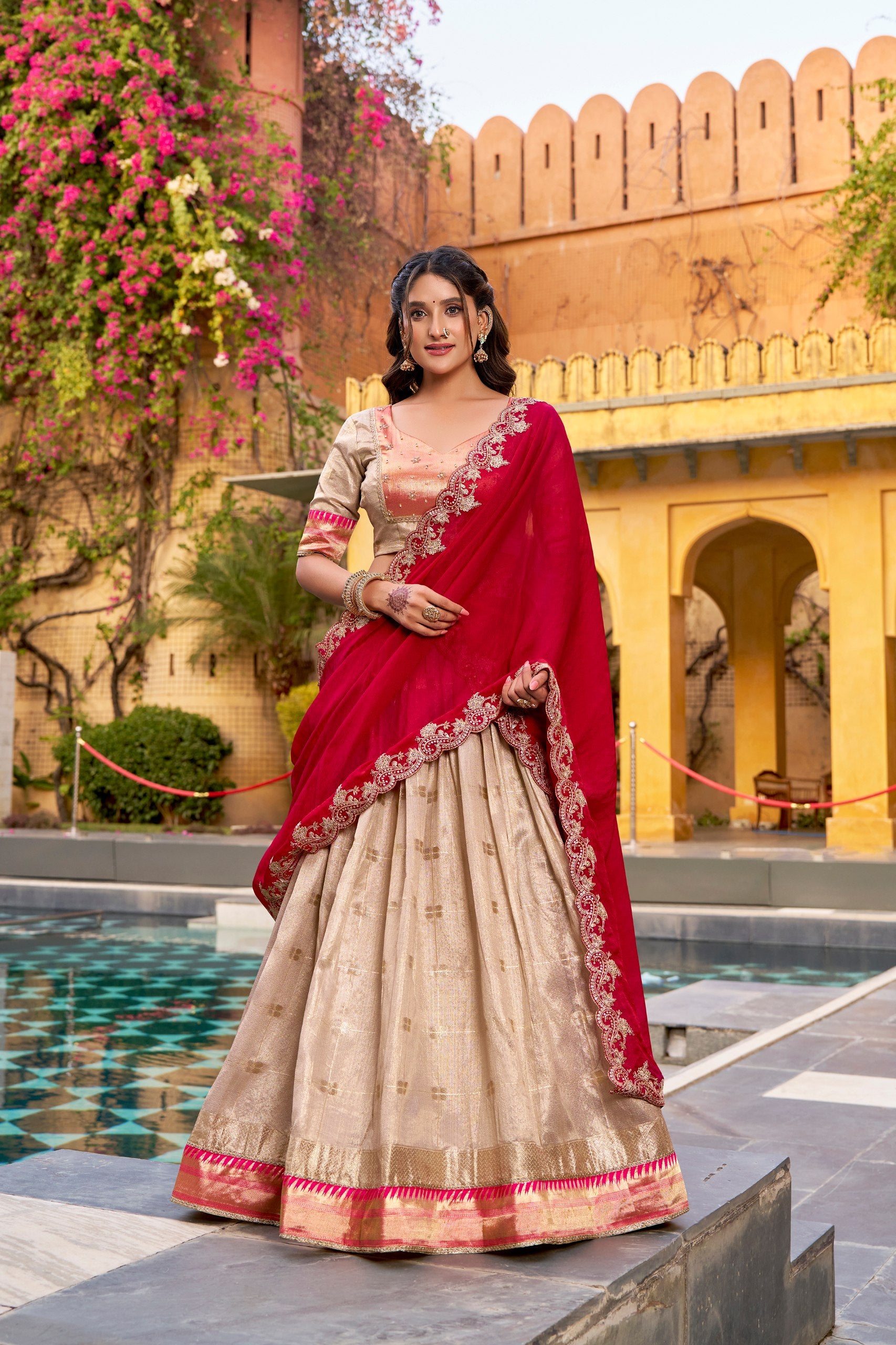 Gold beige slub Kota lehenga choli with zari weaving
