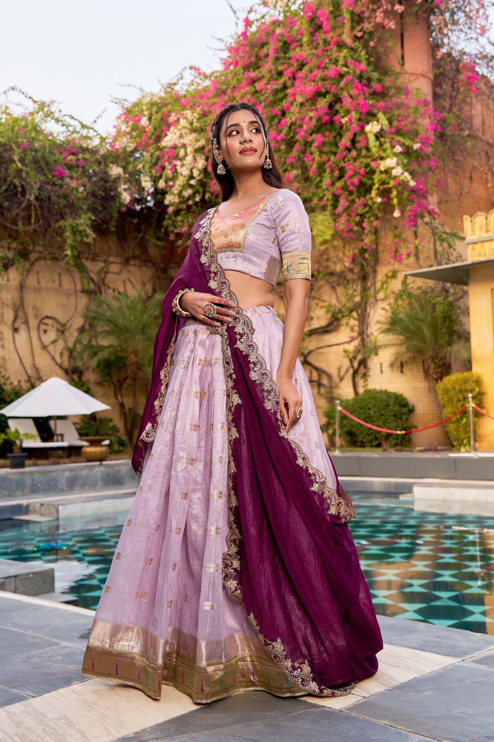 Zari woven lilac lehenga choli for wedding

