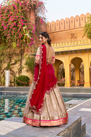 Designer beige and pink bridal lehenga choli close up
