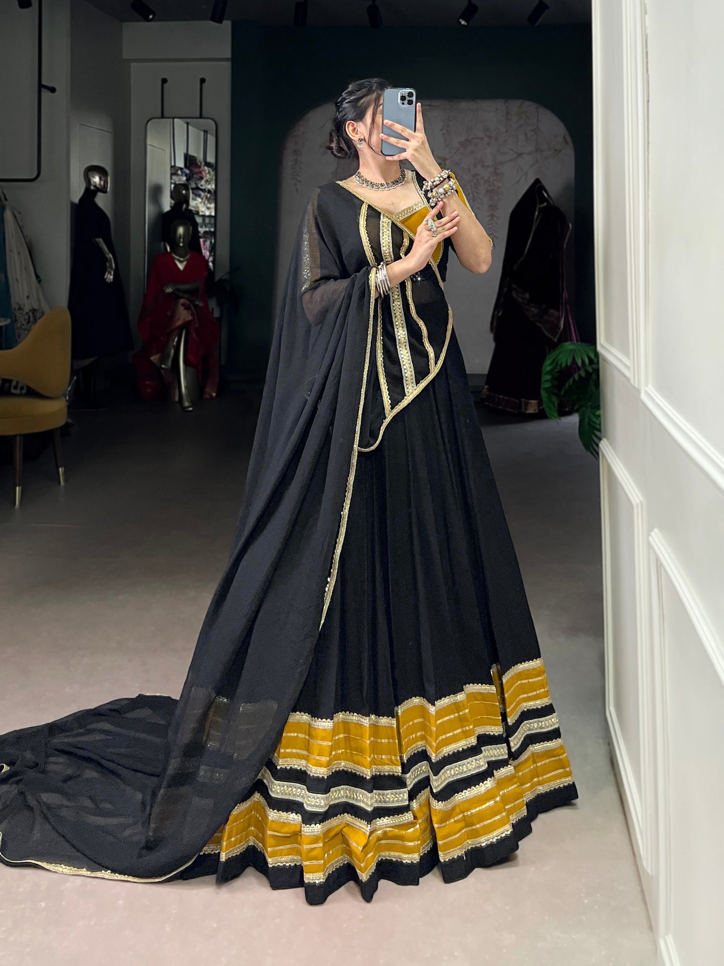 Black Pure Sequins Lace With Gota Patti Lace Work Navratri Lehenga Choli