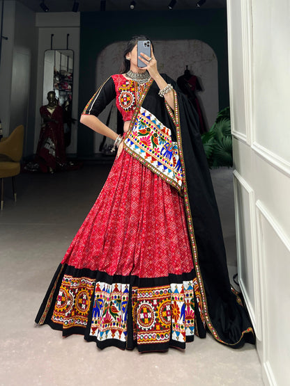 Red Pure Printed And Gamthi Work With Mirror Work Navratri Lehenga Choli