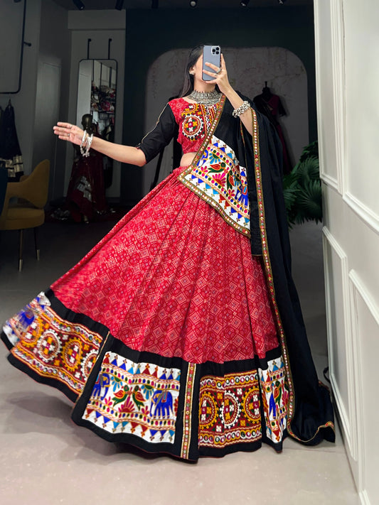 Red Pure Printed And Gamthi Work With Mirror Work Navratri Lehenga Choli