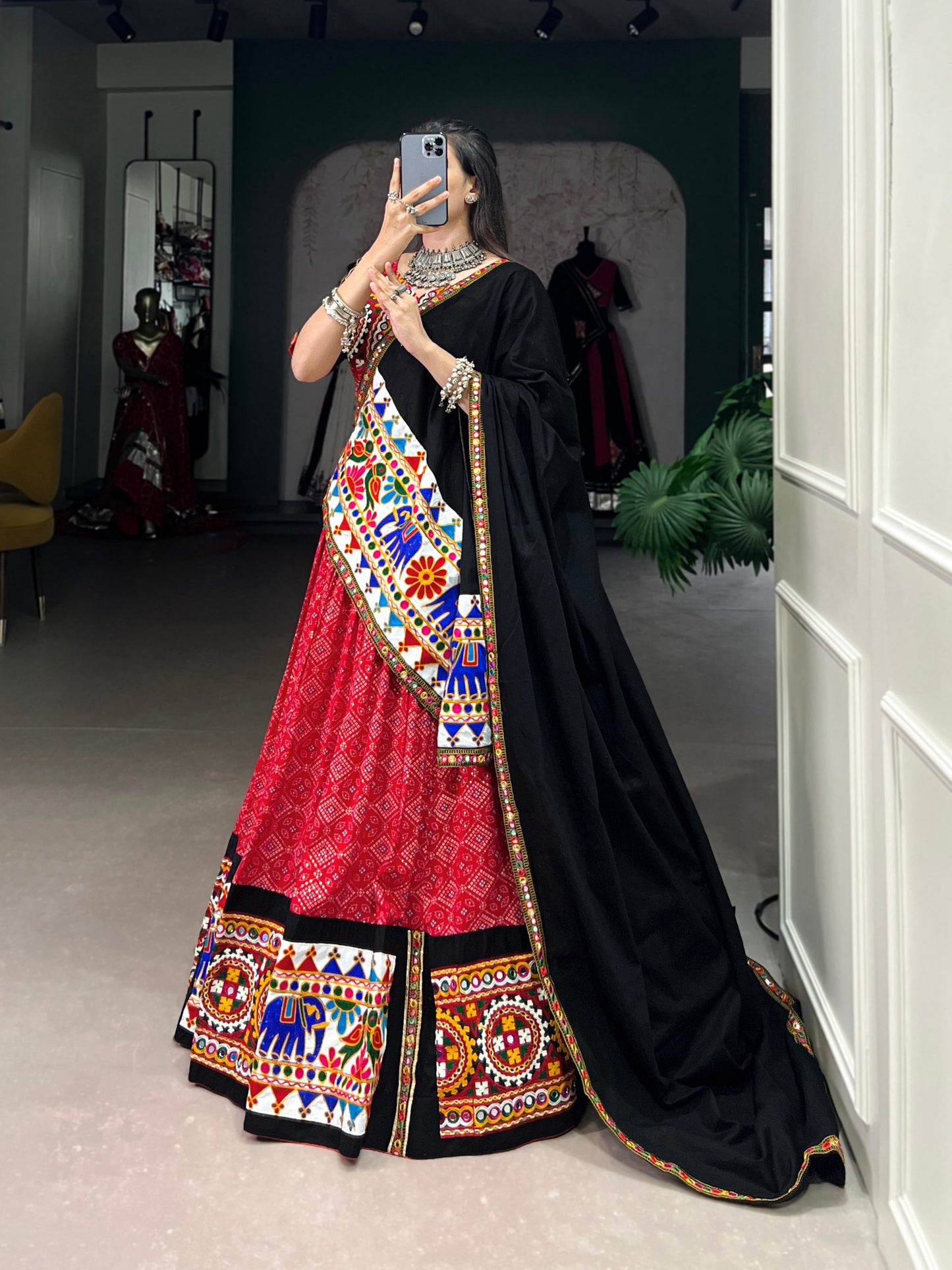 Red Pure Printed And Gamthi Work With Mirror Work Navratri Lehenga Choli