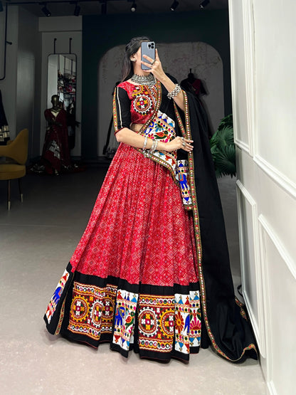 Red Pure Printed And Gamthi Work With Mirror Work Navratri Lehenga Choli