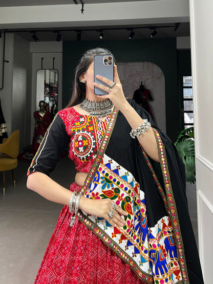 Red Pure Printed And Gamthi Work With Mirror Work Navratri Lehenga Choli