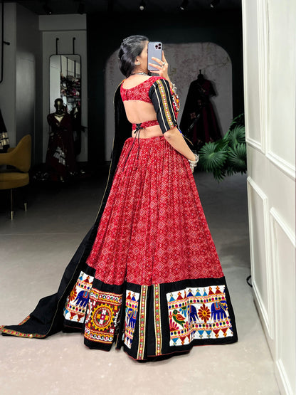 Red Pure Printed And Gamthi Work With Mirror Work Navratri Lehenga Choli