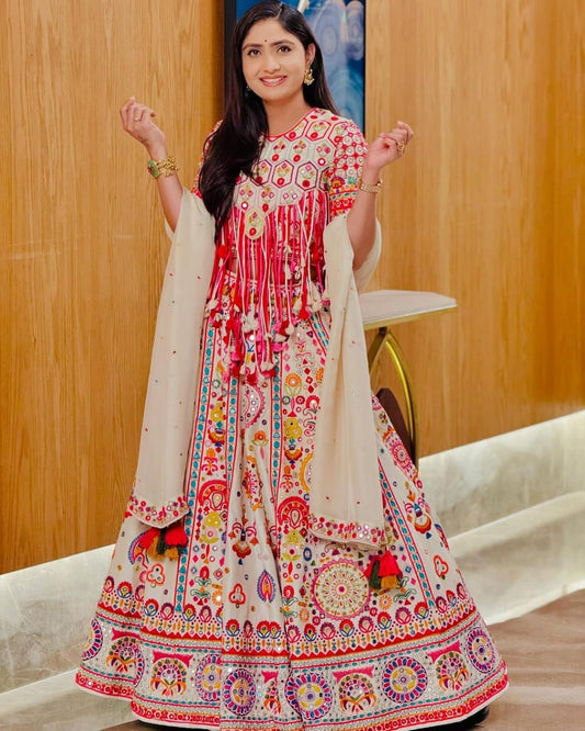 White Digital Print Real Mirror Work Navratri Lehenga Choli
