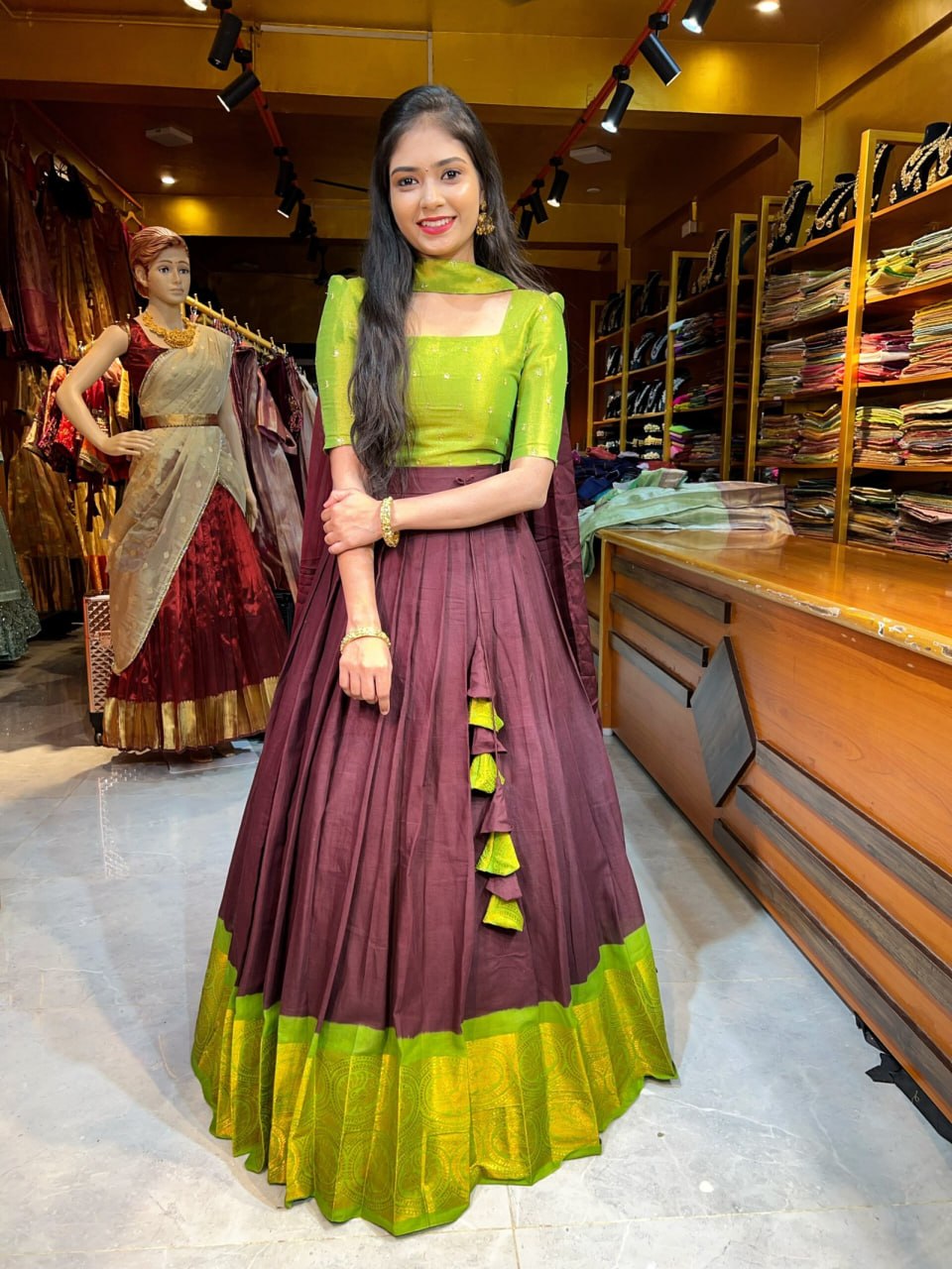 Purple parrot green Kanchi cotton kurta lehenga set
