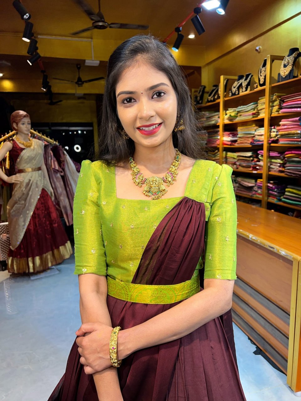 Parrot green embroidered kurta with silver butti and mirror hem
