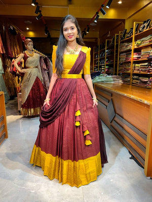 Mustard yellow maroon Kanchi cotton kurta lehenga set
