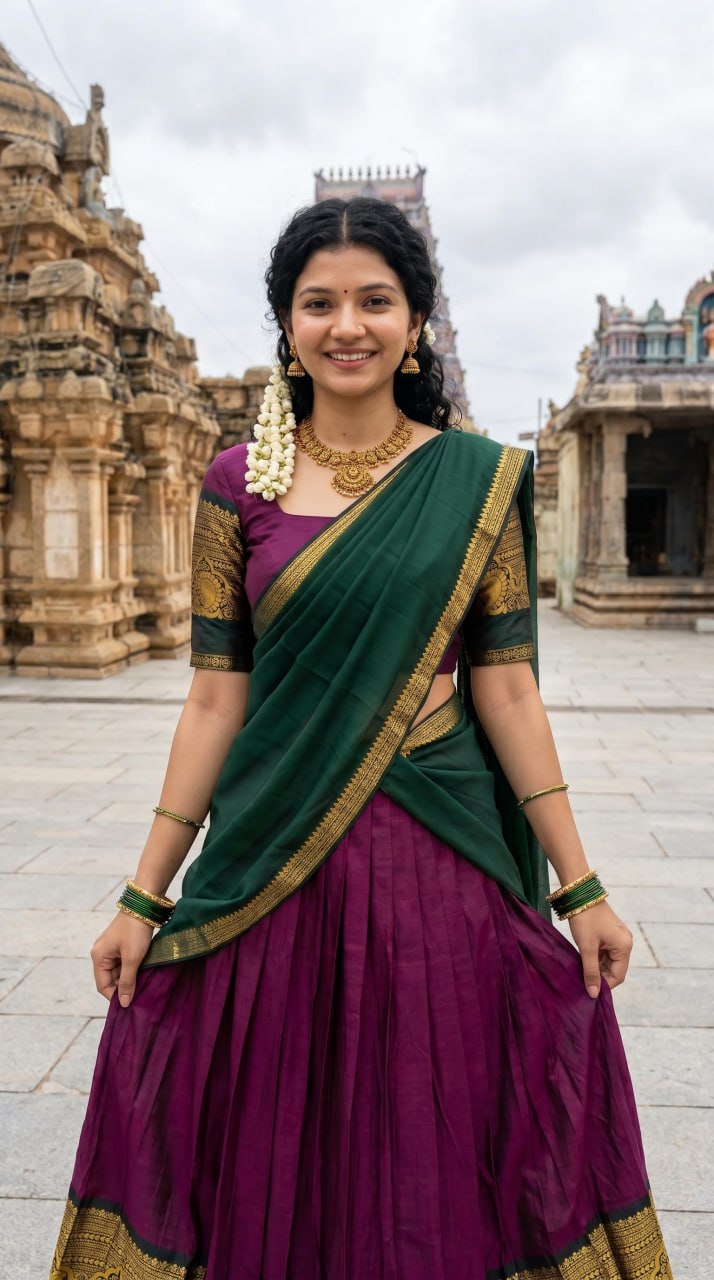 South Indian half saree purple green contrast pallu
