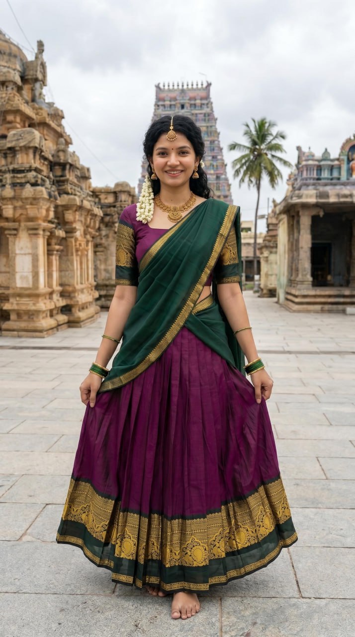 Purple and green half saree lehenga Kanchi cotton zari weaving
