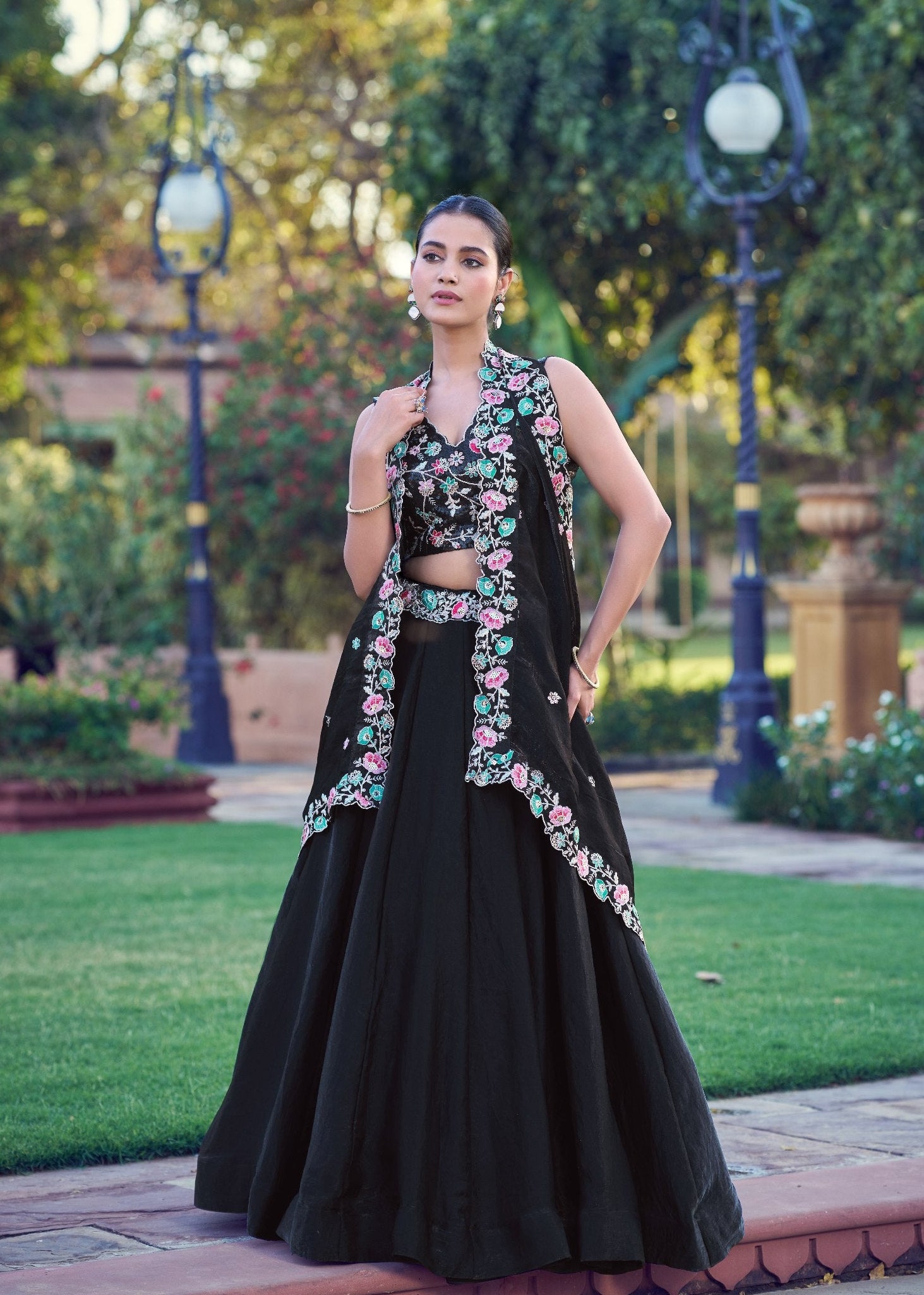 Black designer lehenga choli with sequins and thread embroidery
