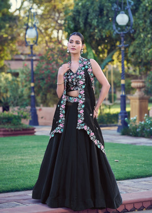 Black designer lehenga choli with sequins and thread embroidery
