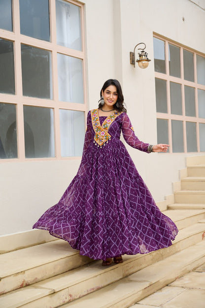 Purple Bandhani Print Work With Kutchi Patchework Navratri Gown