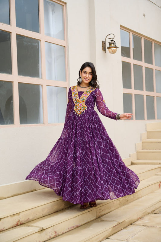 Purple Bandhani Print Work With Kutchi Patchework Navratri Gown