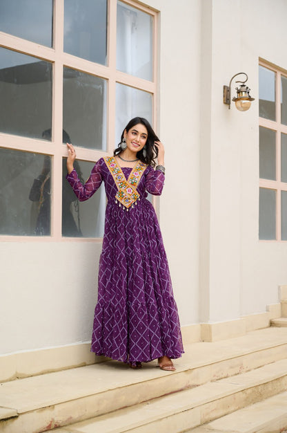 Purple Bandhani Print Work With Kutchi Patchework Navratri Gown