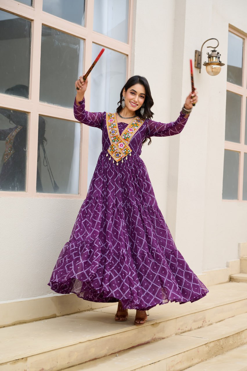 Purple Bandhani Print Work With Kutchi Patchework Navratri Gown