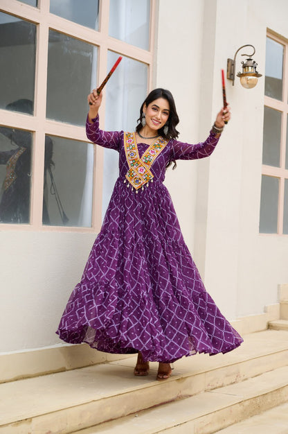 Purple Bandhani Print Work With Kutchi Patchework Navratri Gown