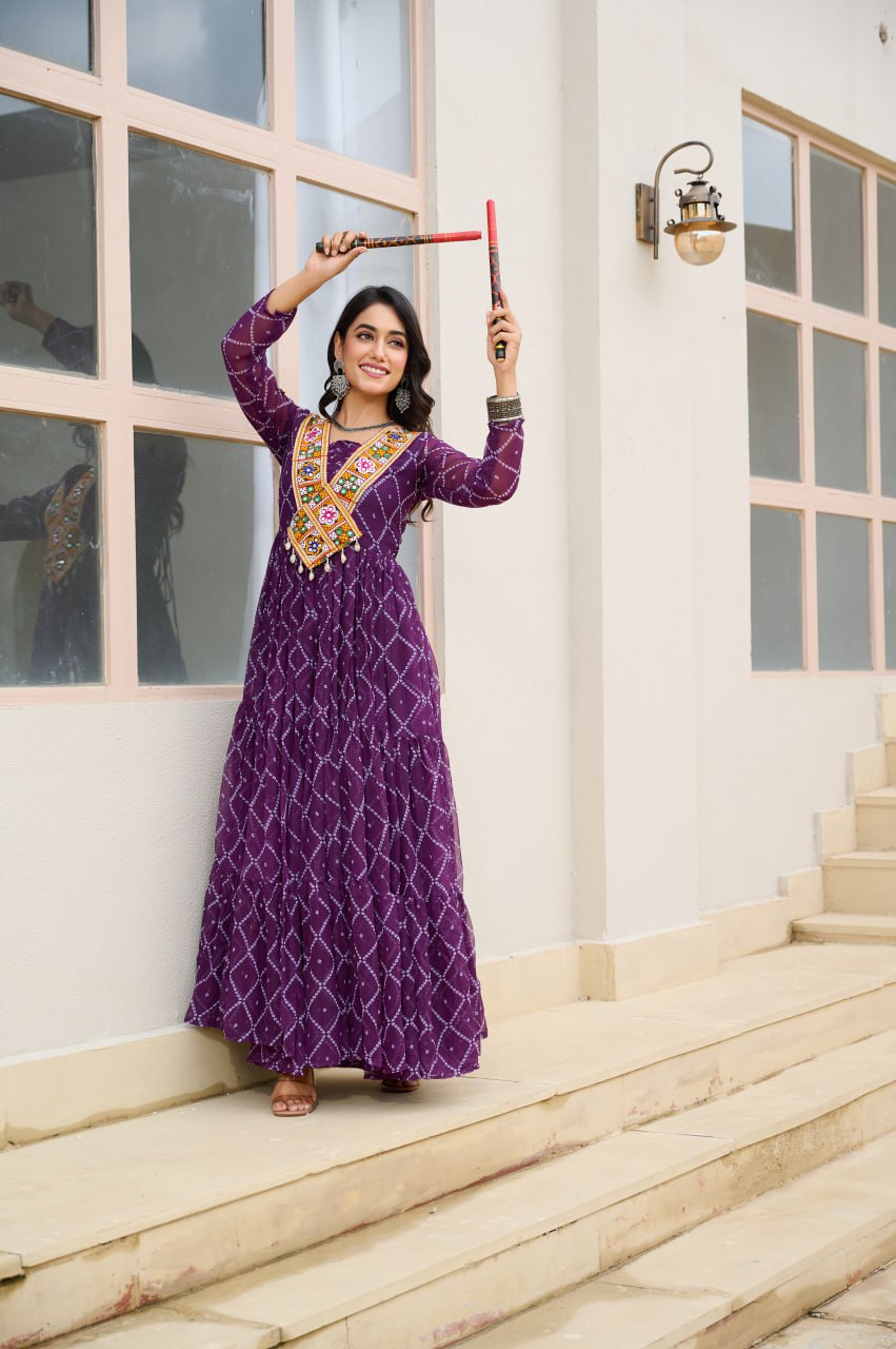 Purple Bandhani Print Work With Kutchi Patchework Navratri Gown