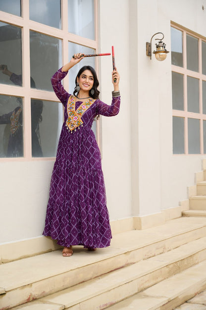 Purple Bandhani Print Work With Kutchi Patchework Navratri Gown